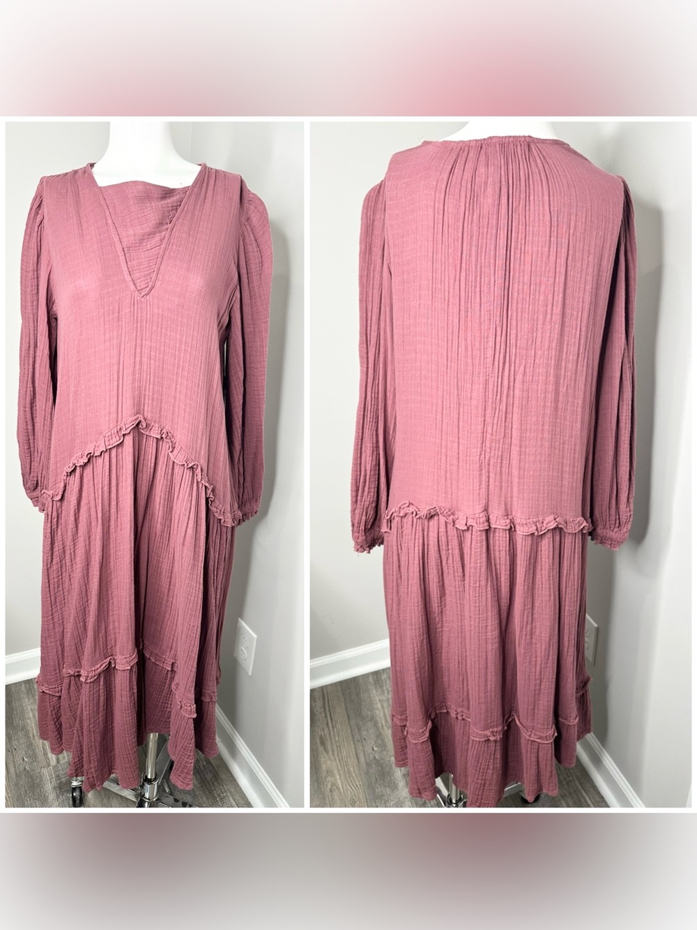 Zara Dusty Rose Tiered Gauze Midi Dress- small